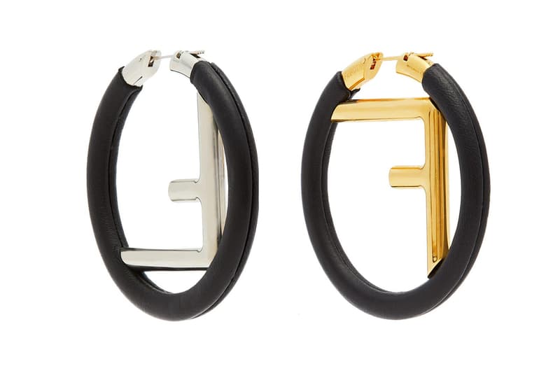 Fendi Logo Leather Hoop Earrings Black