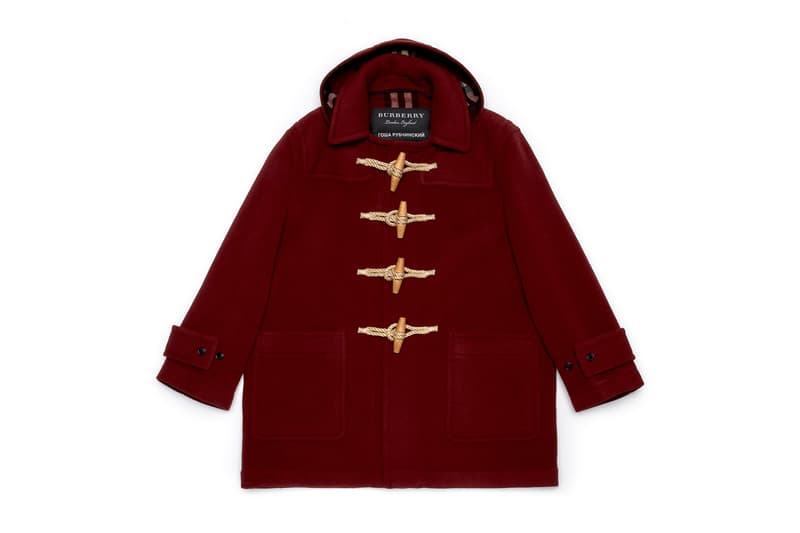 gosha rubchinskiy fall winter 2018 burberry collaboration jacket red burgundy