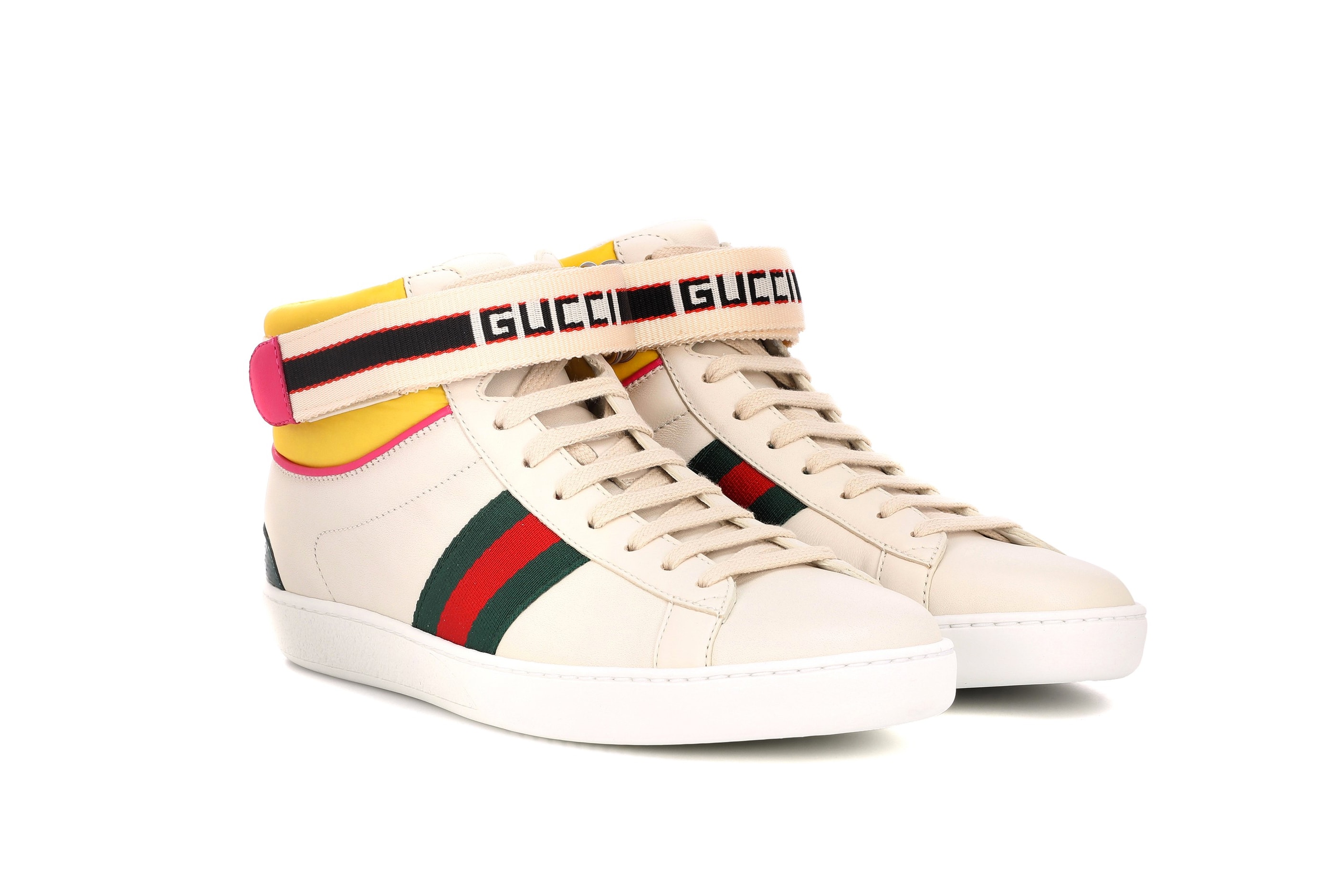 Gucci High-Top Ace Logo Sneakers White Pink Yellow Retro 70s