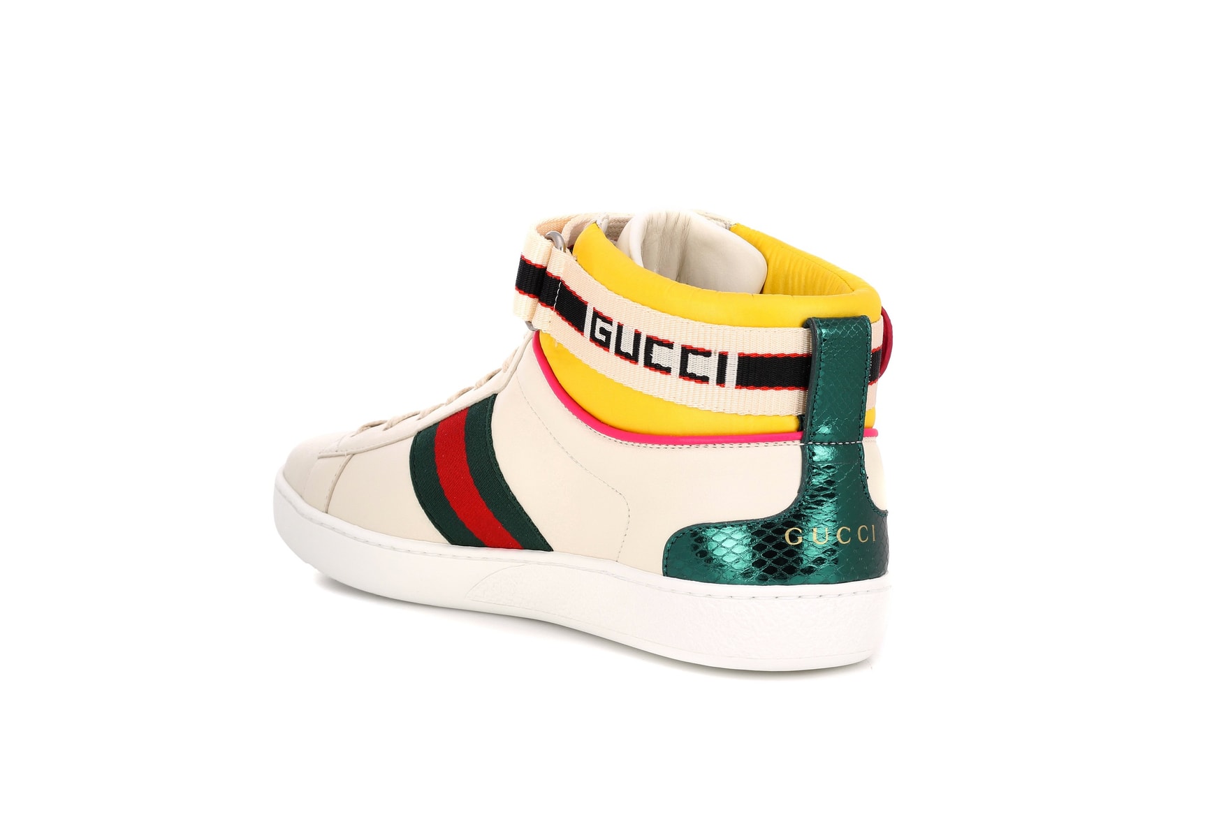 Gucci High-Top Ace Logo Sneakers White Pink Yellow Retro 70s