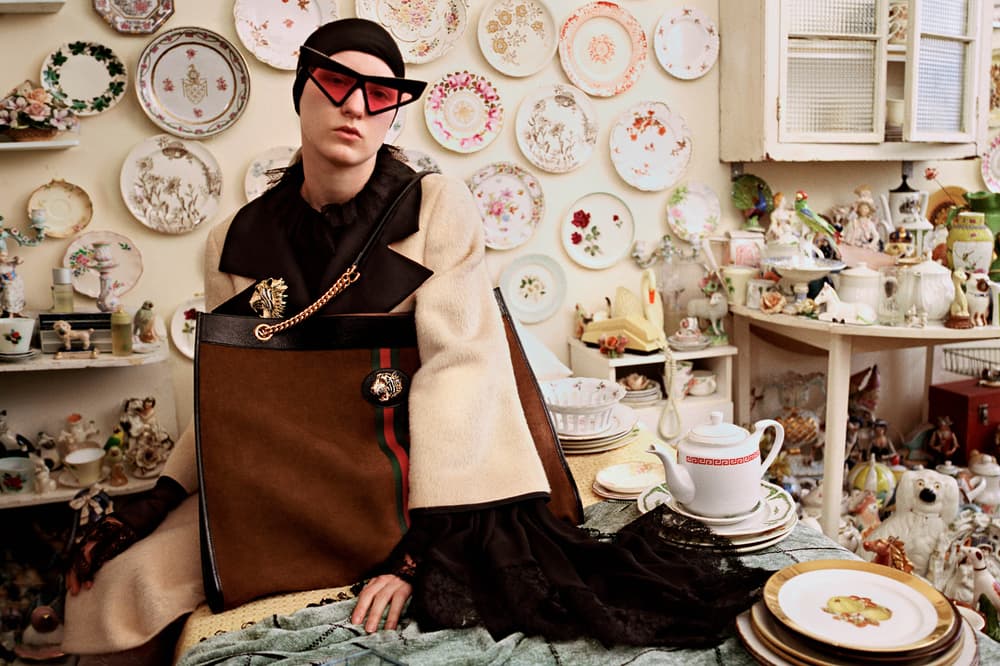 Gucci Fall/Winter 2018 Collectors Campaign Coat Tan Black Oversized Handbag Brown Sunglasses Pink