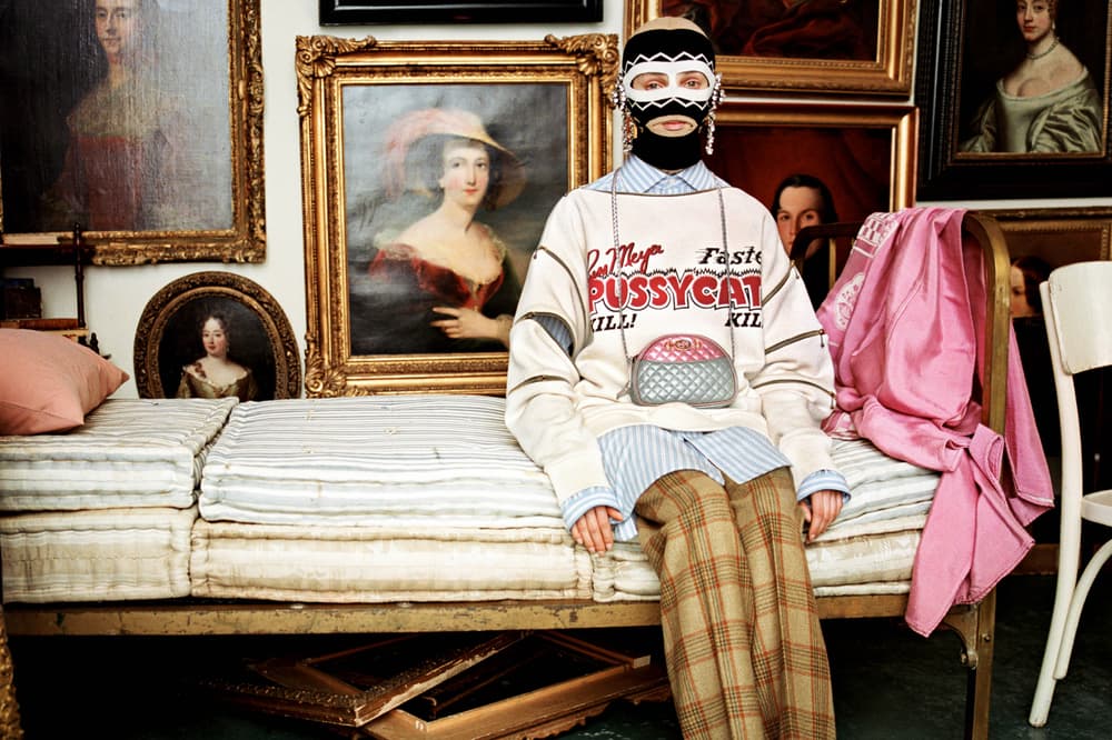 Gucci Fall/Winter 2018 Collectors Campaign Oversized Cut-Out Sweater Cream Collared Shirt White Blue Mask Black
