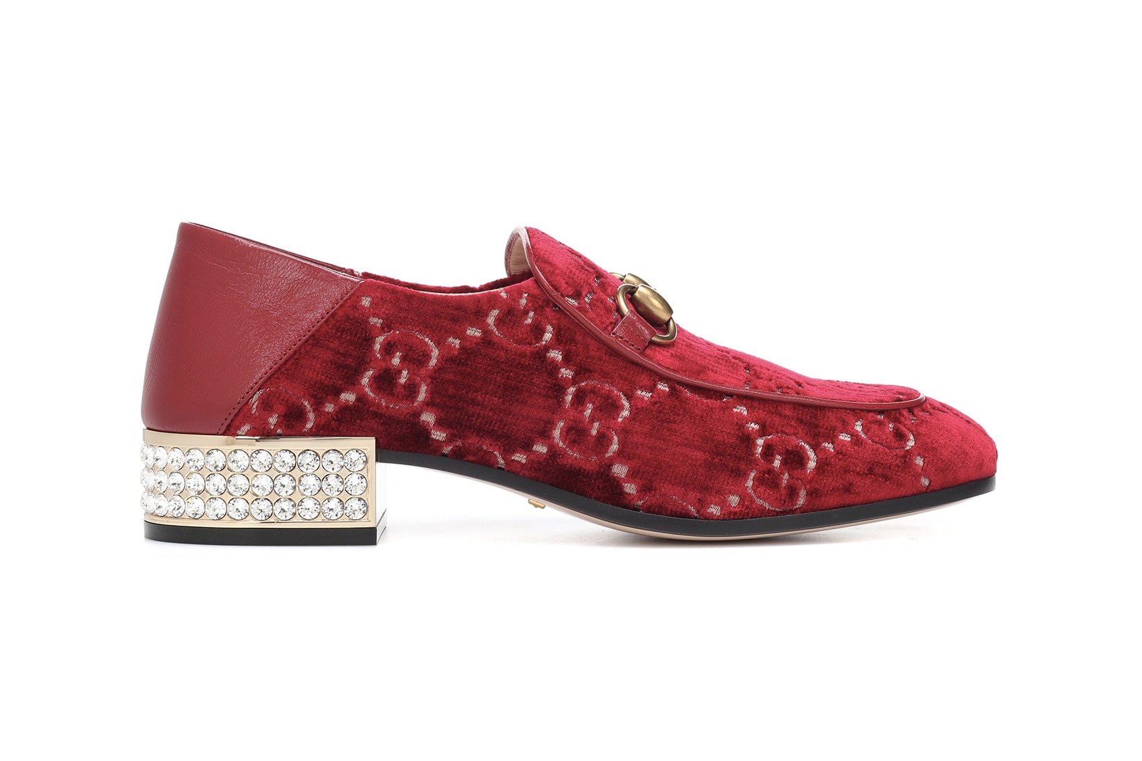 Gucci Red Velvet GG Logo Loafers Crystal Embellished Heel