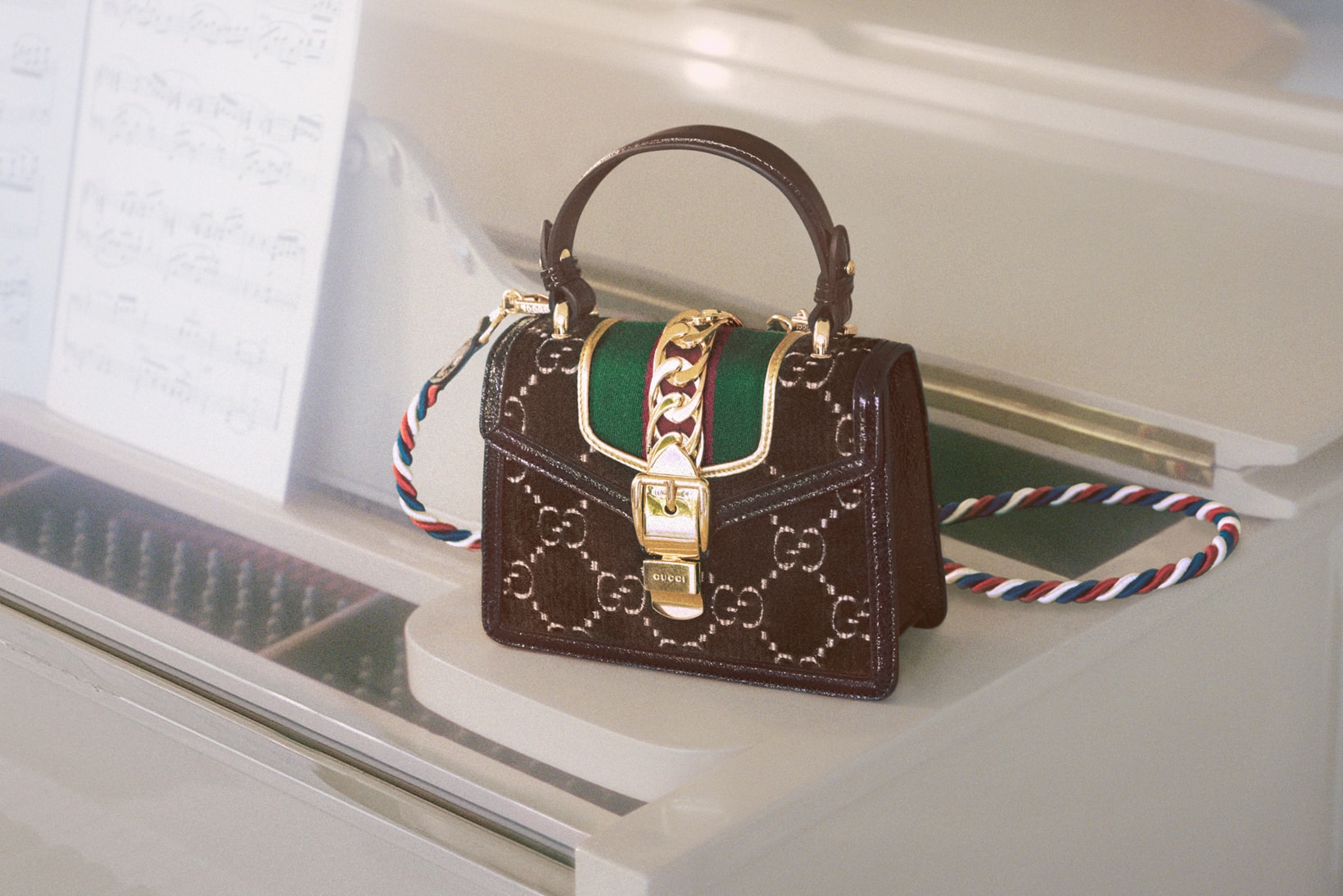 Gucci Handbag Campaign Sylvie Top Handle Logo Print Brown