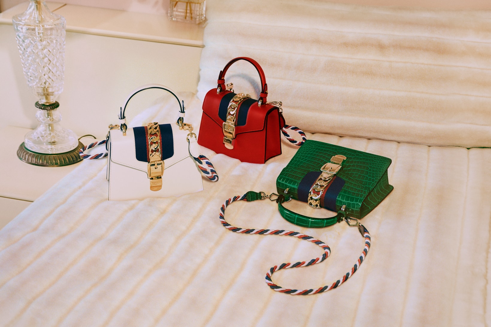 Gucci Handbag Campaign Sylvie Top Handle White Red Green