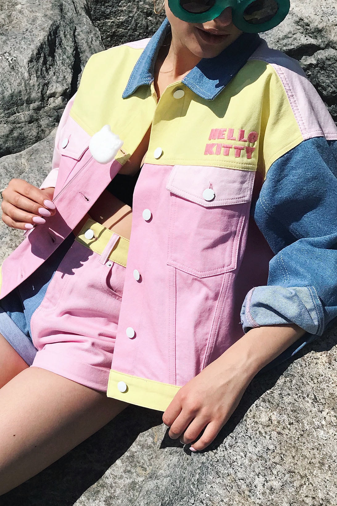 Hello Kitty ASOS Collaboration Summer 2018 Denim Cropped Track Jacket Skirt Bow Sandals Socks