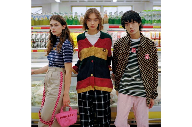 Lazy Oaf Food Baby Fall/Winter 2018 Lookbook Burger Stripe Cardigan Red Navy Roll Neck Tee Blue Checkerboard Coach Jacket Brown Black