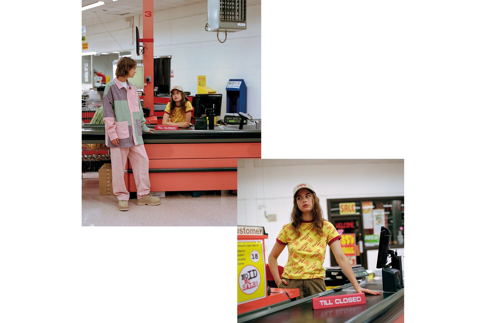 Lazy Oaf Food Baby Fall/Winter 2018 Lookbook Wide Leg Dungarees Pink Feed Me Fitted Tee Yellow