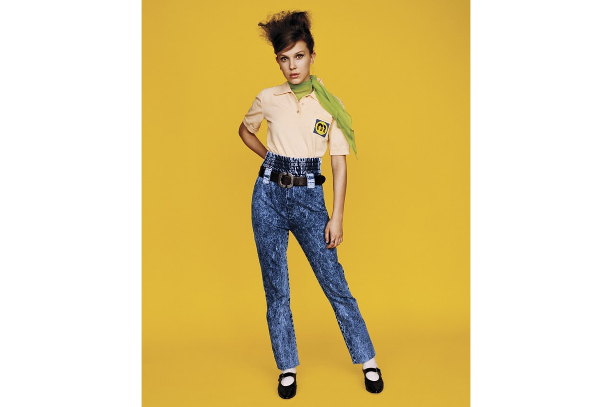 Millie Bobby Brown W Magazine Fall 2018 Fashion Issue Miu Miu Shirt Orange Scarf Green Jeans Blue Belt Black