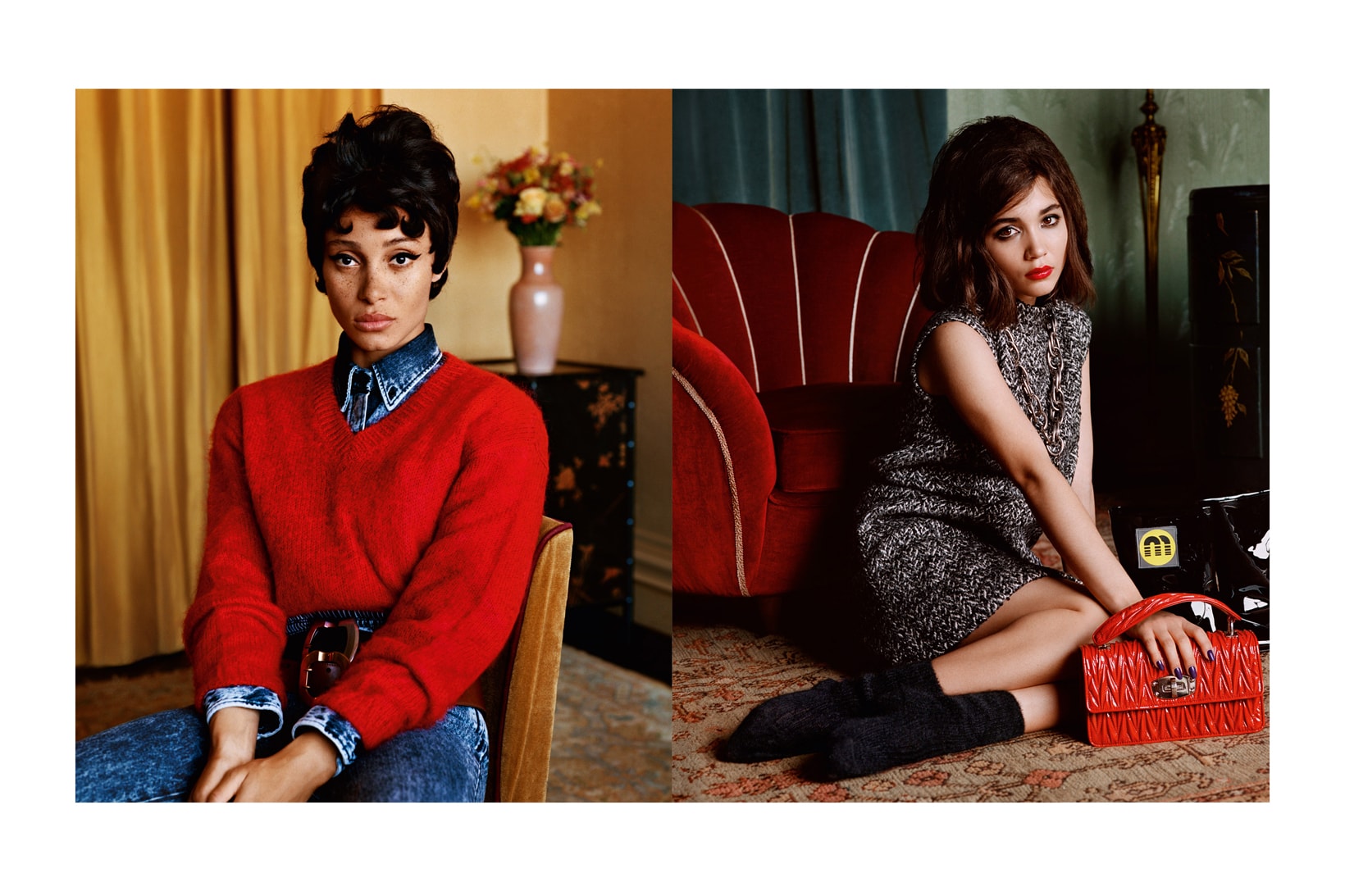 Miu Miu Fall/Winter 2018 Campaign Adwoa Aboah Sweater Red Rowan Blanchard Dress Black