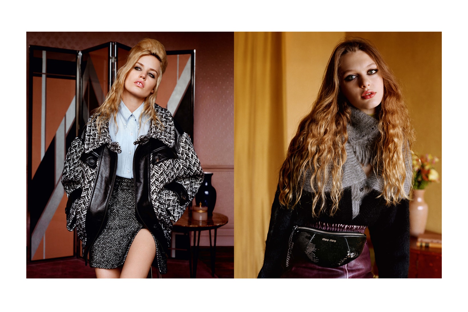 Miu Miu Fall/Winter 2018 Campaign Georgia May Jagger Jacket Skirt Black White Ariel Nicholson Fanny Pack Black