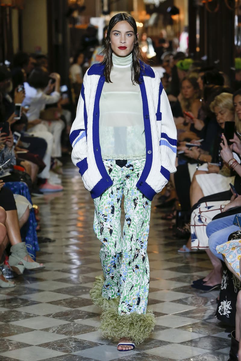 Alexa Chung Miu Miu Resort 2019 Show Cardigan White Blue Shirt Pants Green