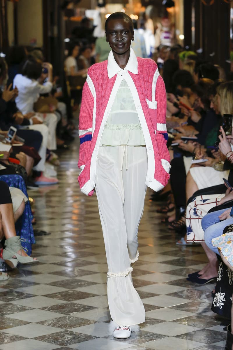 Alek Wek Miu Miu Resort 2019 Show Cardigan Pink Pants Yellow Top Green