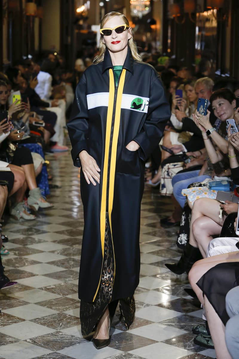 Uma Thurman Miu Miu Resort 2019 Show Long Coat Black Yellow
