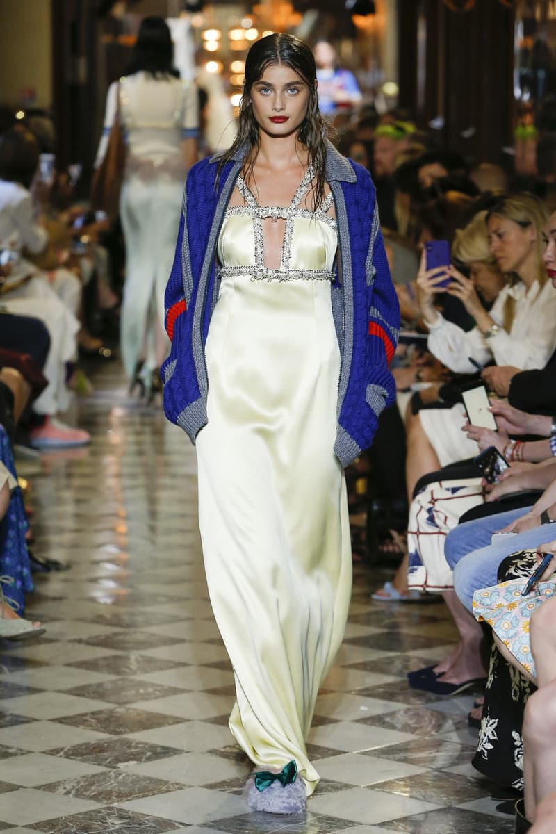 Taylor Hill Miu Miu Resort 2019 Show Cardigan Blue Gown Yellow Silver