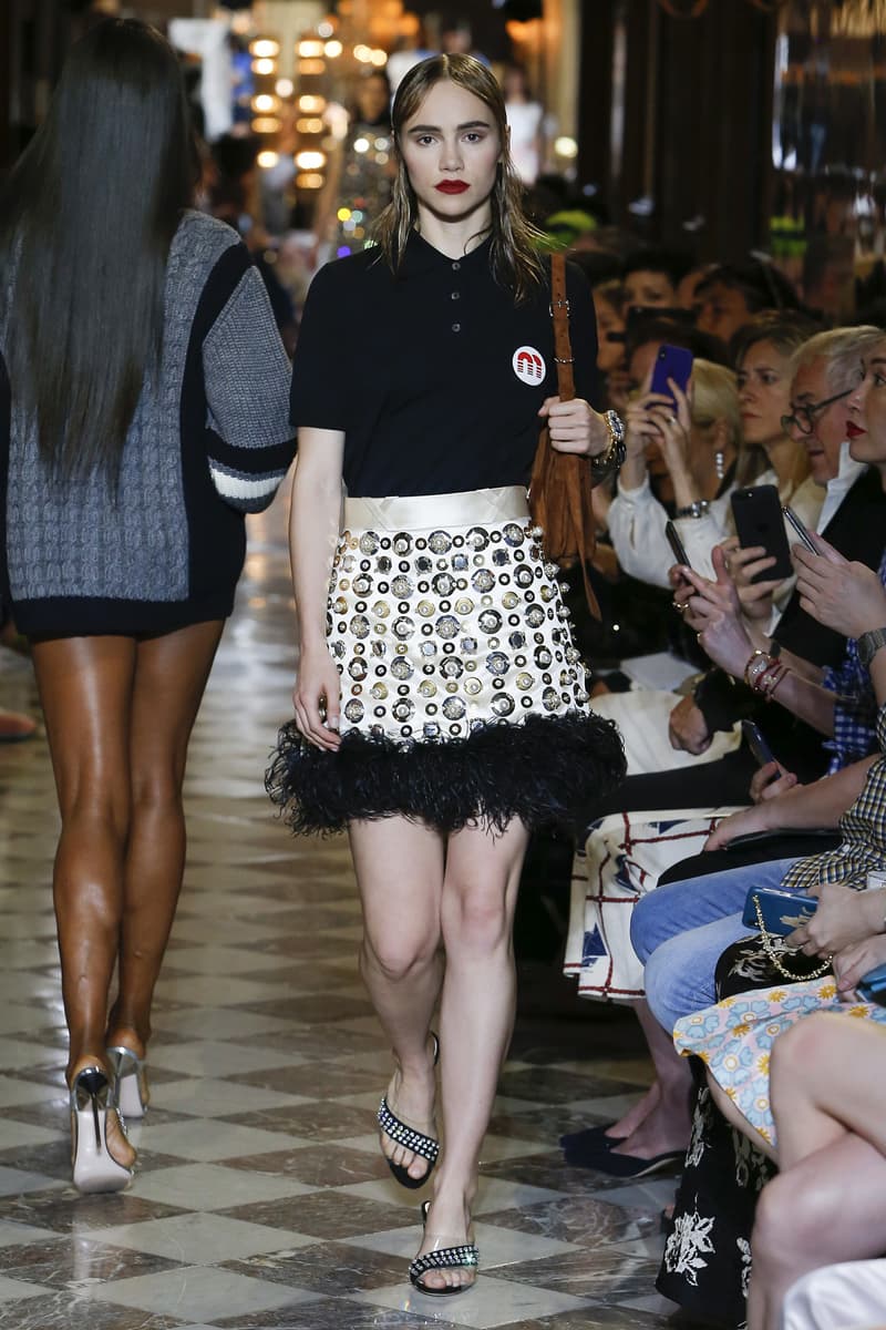 Suki Waterhouse Miu Miu Resort 2019 Show Collared Shirt Black Bejeweled Skirt White