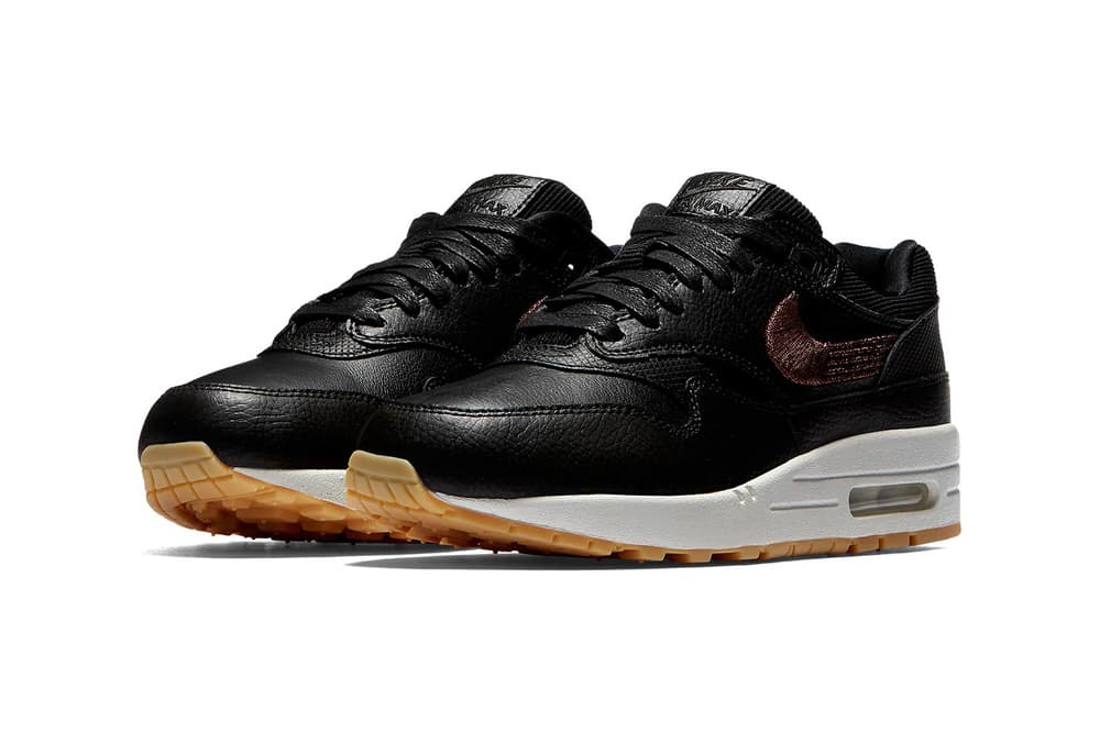 Nike Air Max 1 Premium Black Leather Bronze Swoosh Corduroy Women's Sneakers