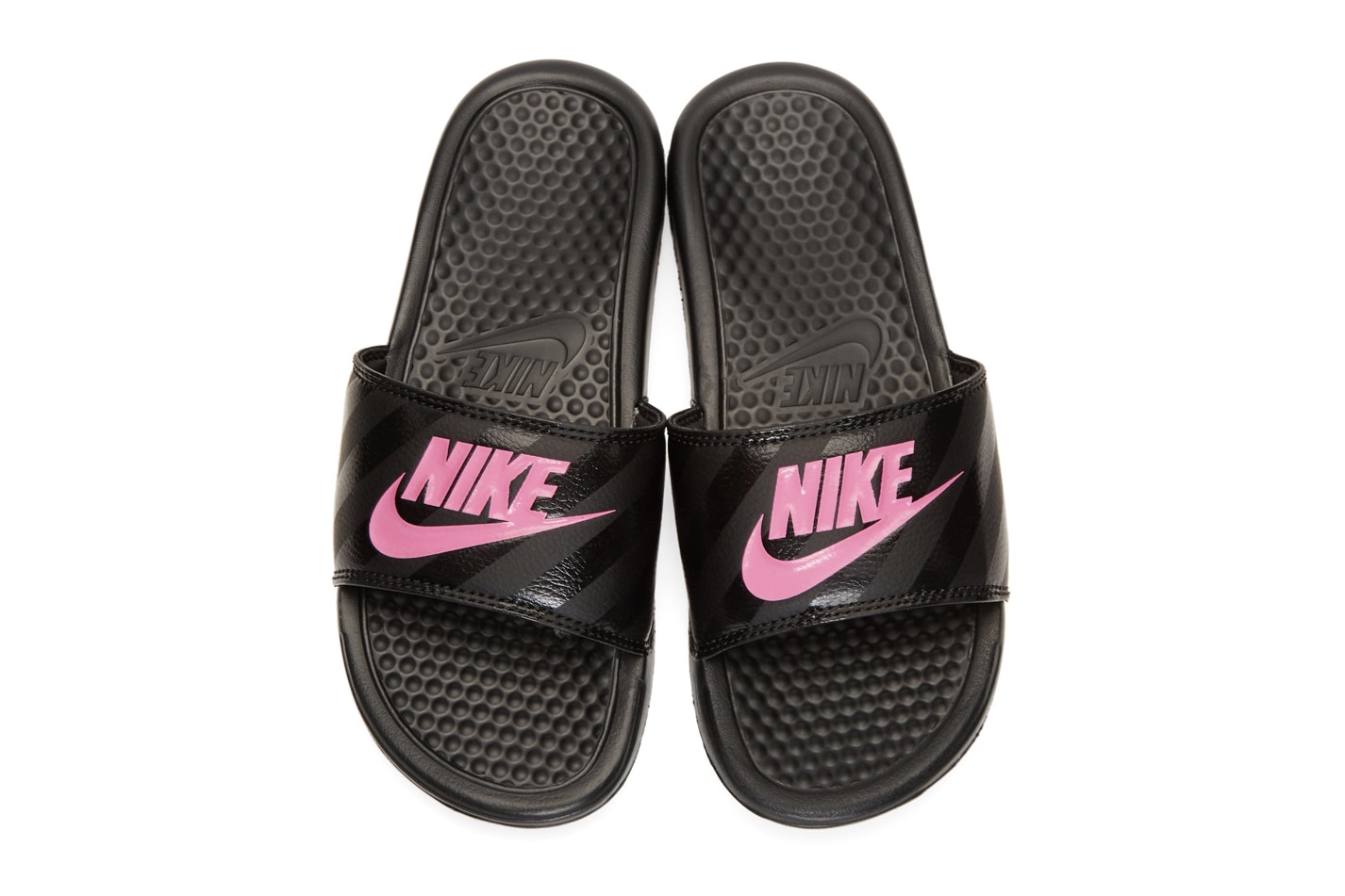 Nike Benassi Slides in Black Hot Pink Swoosh