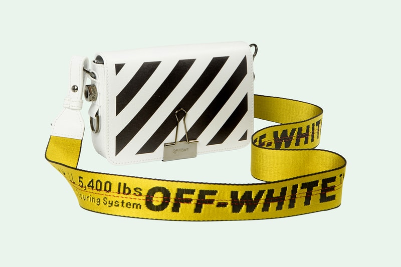 Off-White Virgil Abloh Binder Clip Bag White Black Diagonal Stripes Yellow Industrial Strap Crossbody Handbag