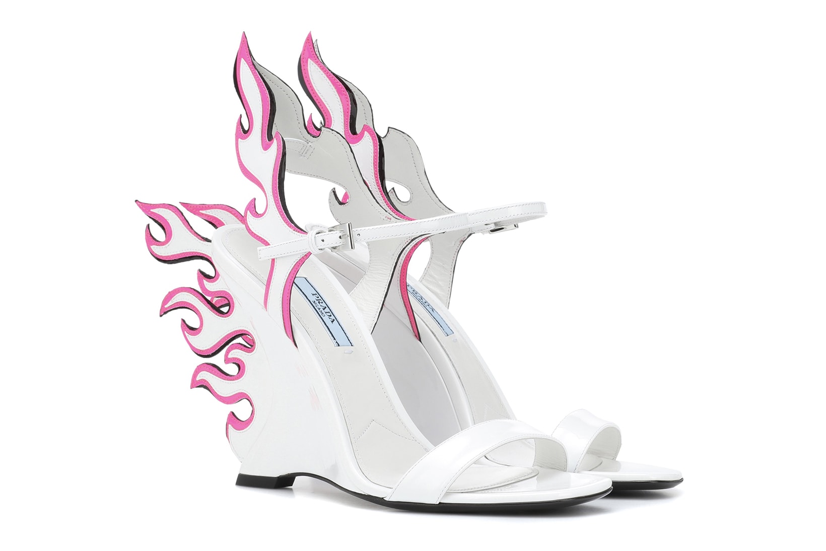 Prada White Neon Pink Flame Sandals Wedge Heels mytheresa.com