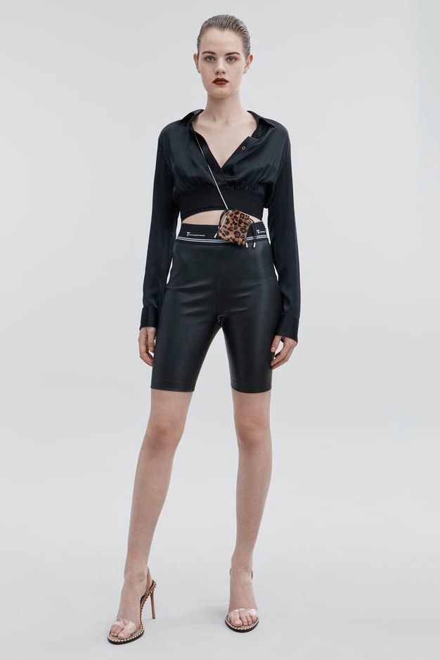 T by Alexander Wang Pre-Fall 2018 Collection Silk Charmeuse Crop Shirt Leather Biker Shorts Black