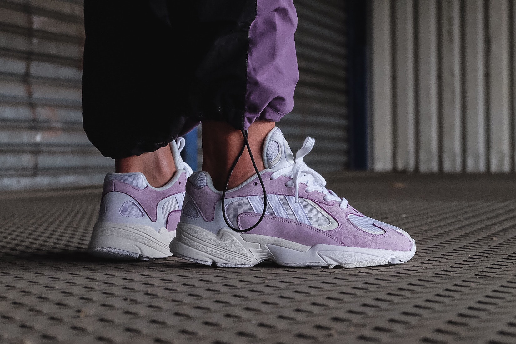 adidas originals yung-1 purple lavender grey suede mesh on foot