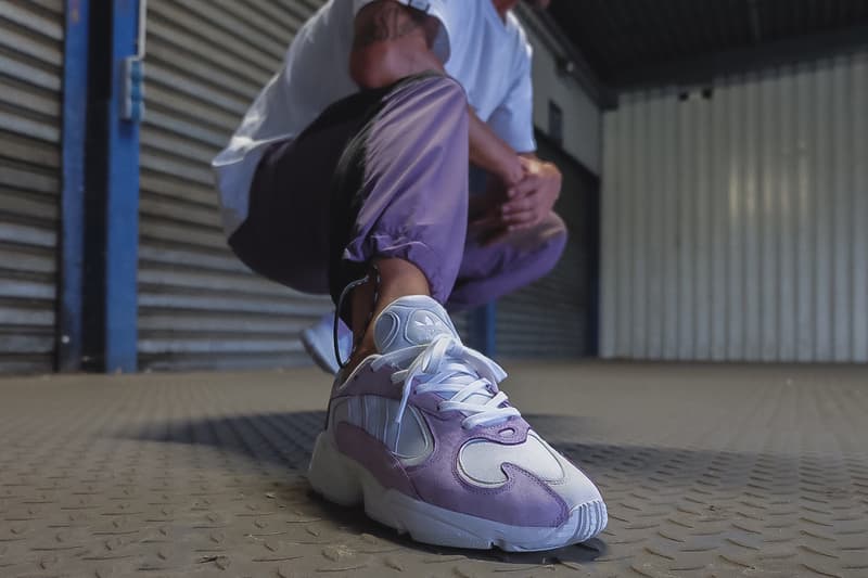 adidas originals yung-1 purple lavender grey suede mesh on foot