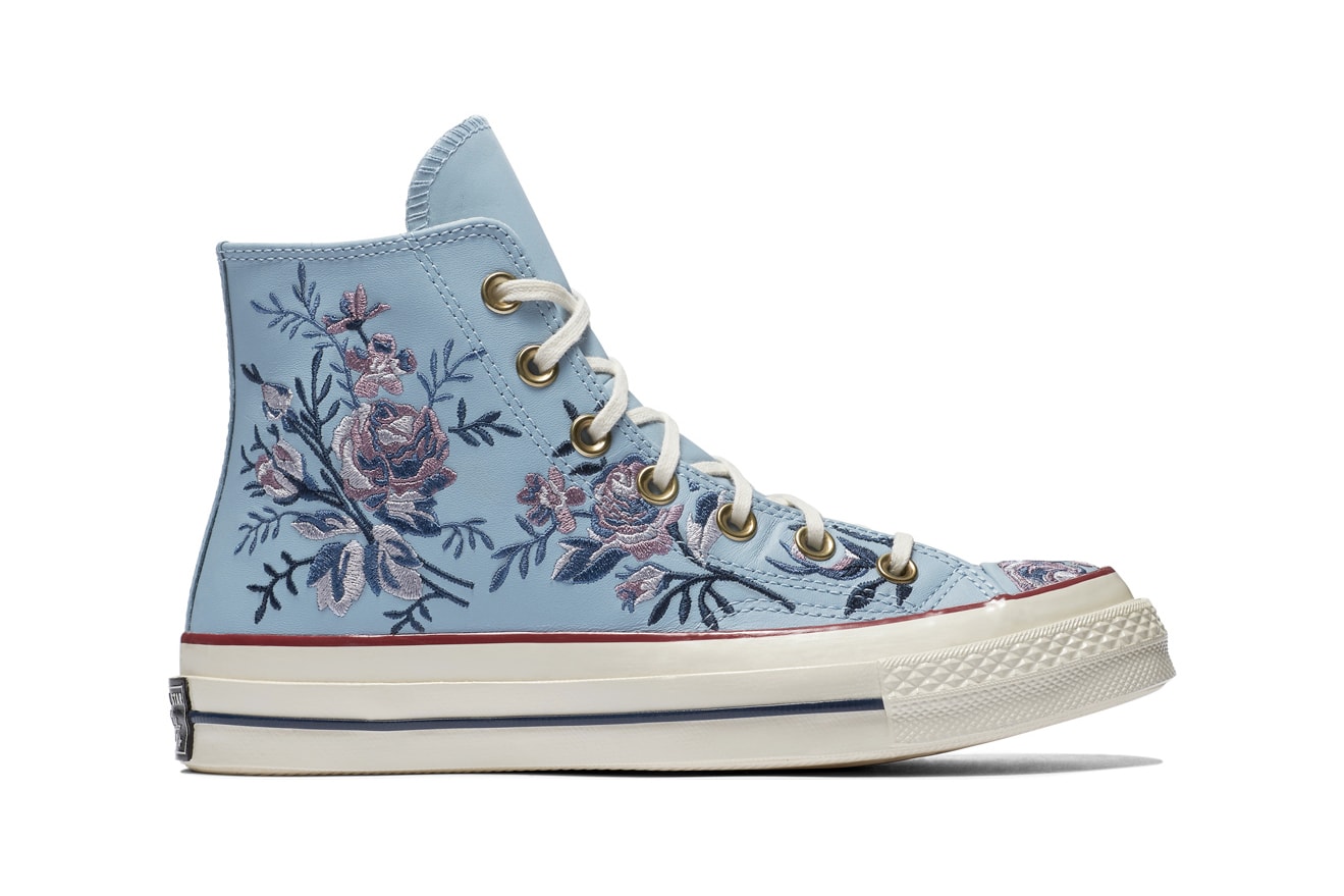 Converse Chuck 70 Leather Embroidered Floral Sneakers Turmeric Gold Punch Coral Pink Washed Denim Obsidian Blue Papyrus Beige Driftwood White