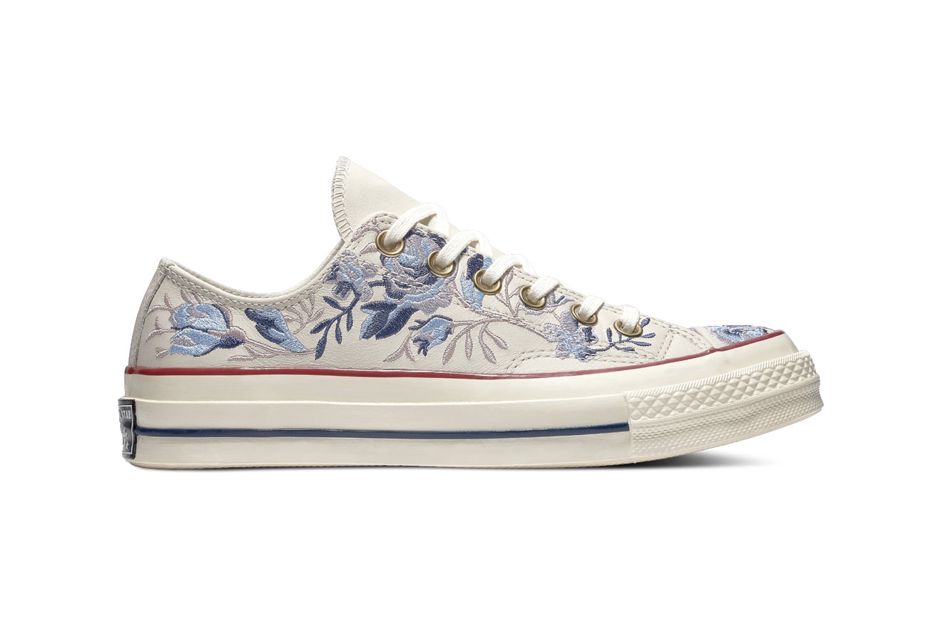 Converse Chuck 70 Leather Embroidered Floral Sneakers Turmeric Gold Punch Coral Pink Washed Denim Obsidian Blue Papyrus Beige Driftwood White