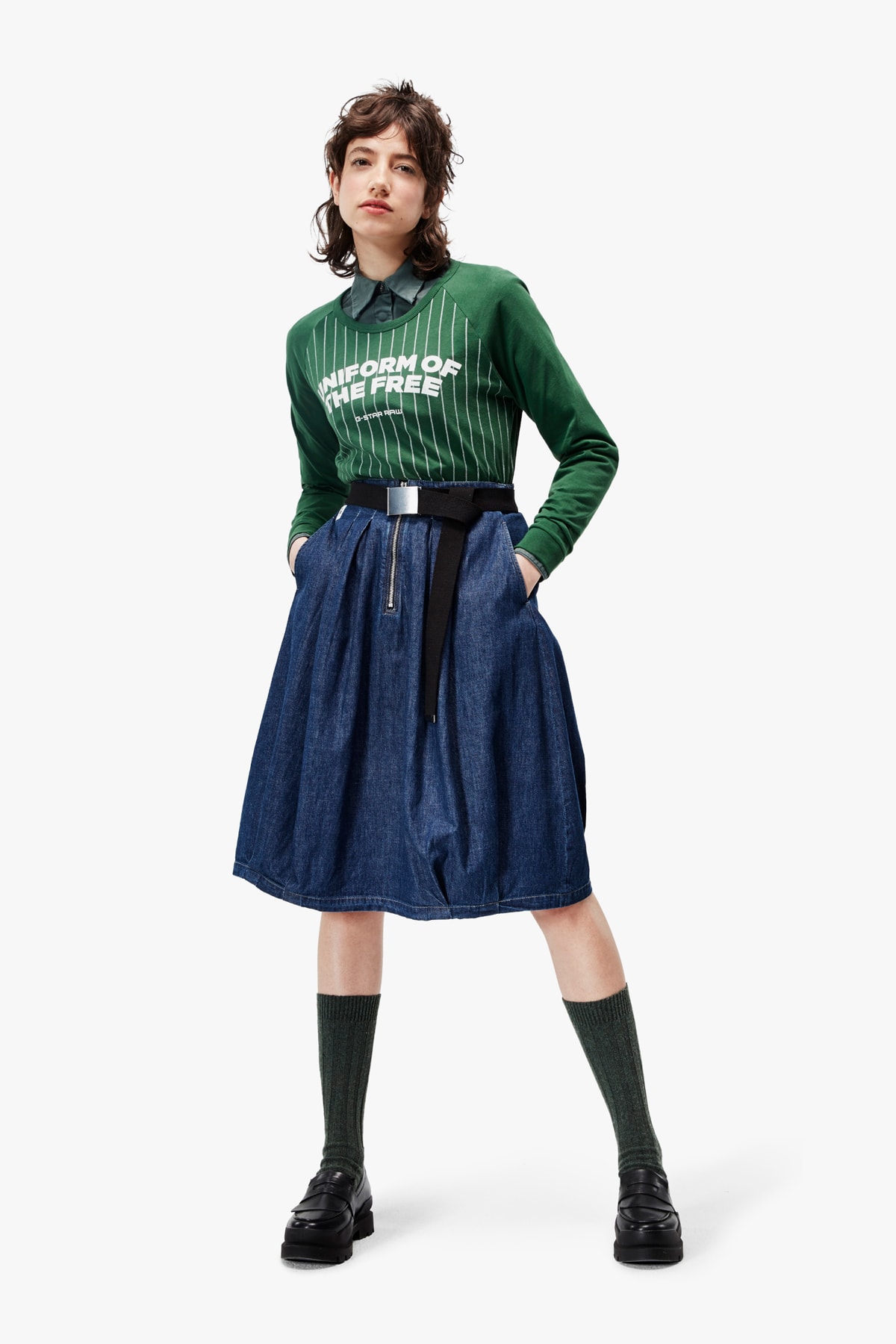 G-Star RAW Fall/Winter 2018 Lookbook Shirt Green Skirt Blue