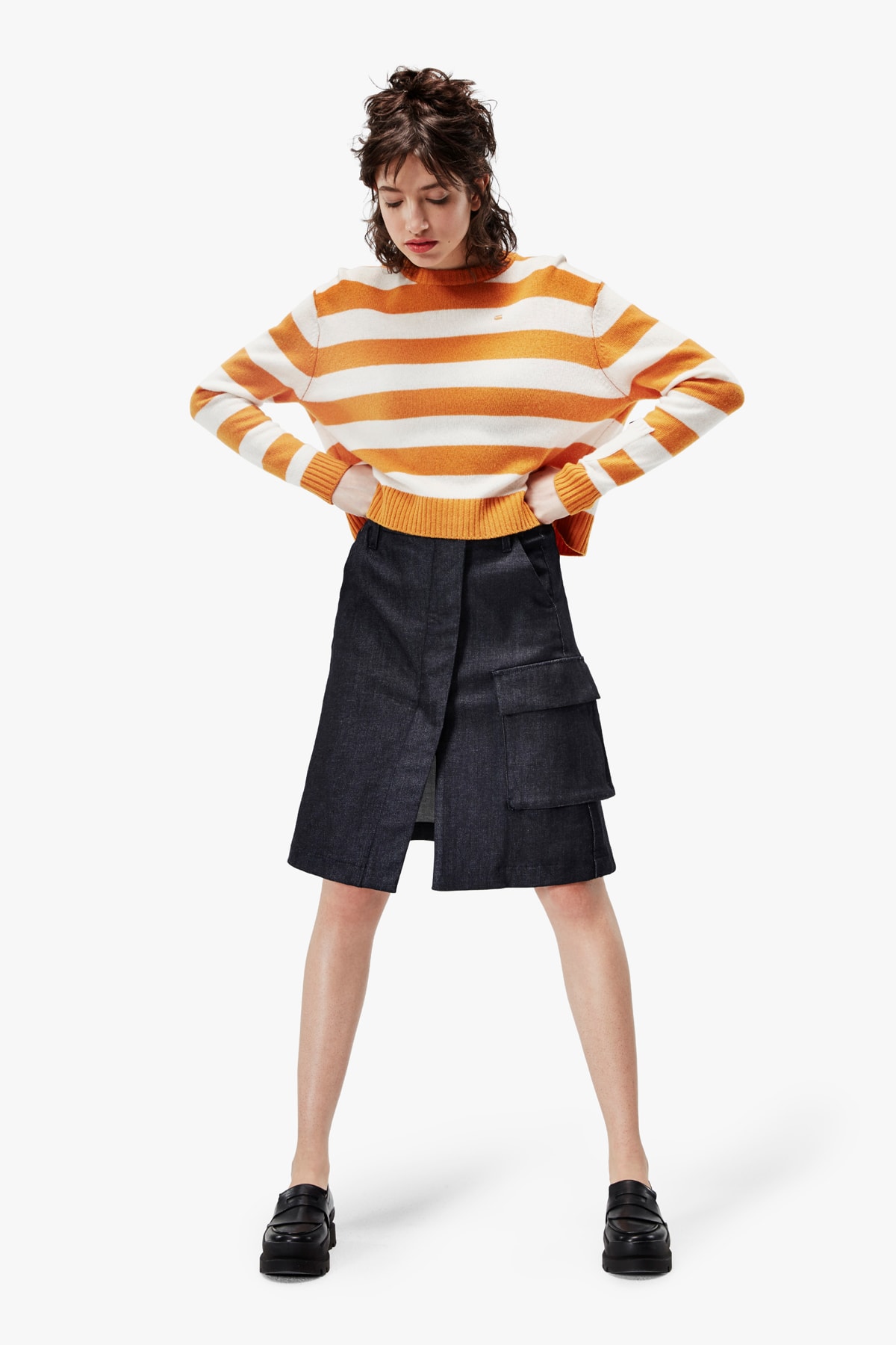 G-Star RAW Fall/Winter 2018 Lookbook Striped Sweater Yellow White Skirt Blue