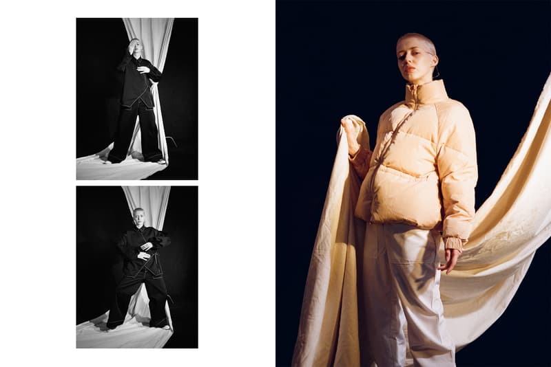 HBX HBXWM Angels GANNI Fall/Winter 2018 Editorial Whitman Jacket Peach Hewson Shirt Clark Trousers Black