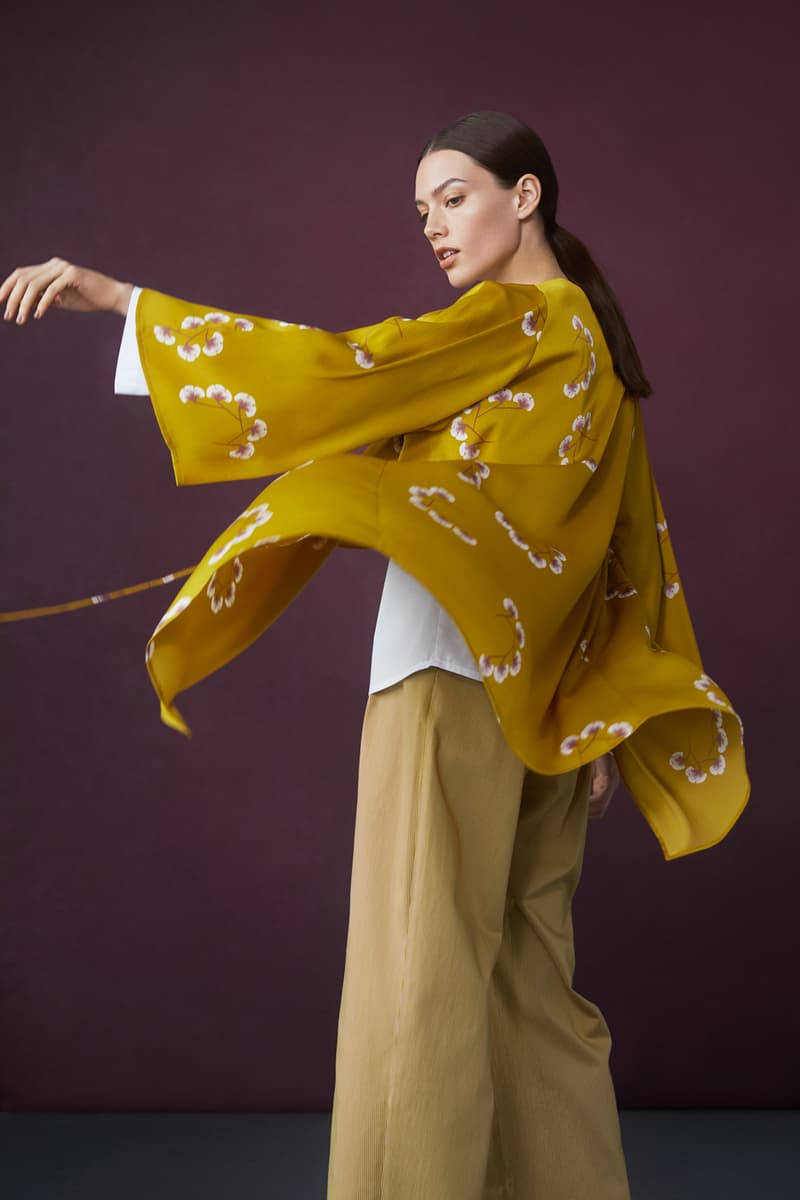 Hana Tajima for Uniqlo Fall/Winter 2018 Collection HPJ Wrap Printed Long Sleeve Tunic Yellow Flare Blouse White Striped Wide Pants Tan
