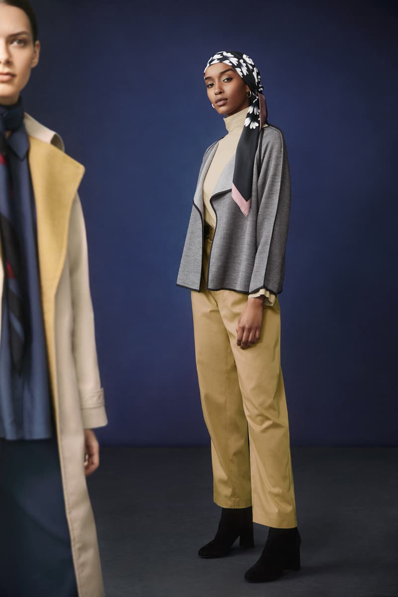 Hana Tajima for Uniqlo Fall/Winter 2018 Collection HPJ Mock Neck Long Sleeve T-shirt Tan Square Stole Blue
