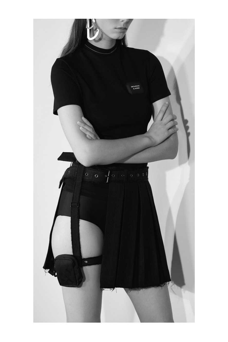 HBX Hyein Seo Fall/Winter 2018 Editorial Rubber Label T-shirt Wool Skirt with Garter Belt Black