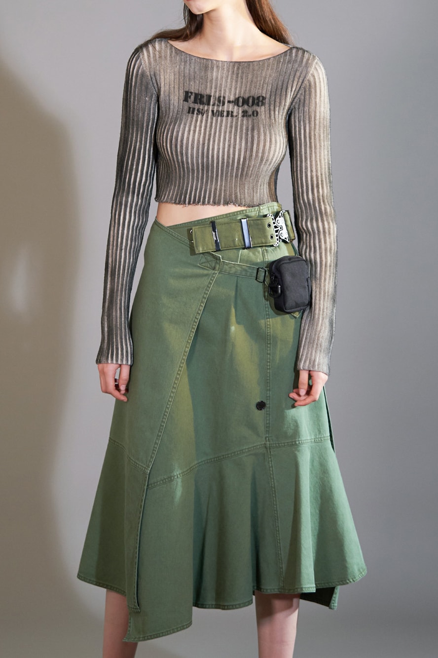HBX Hyein Seo Fall/Winter 2018 Editorial Boat Neck Crop Top Tan Military Wrap Skirt Green