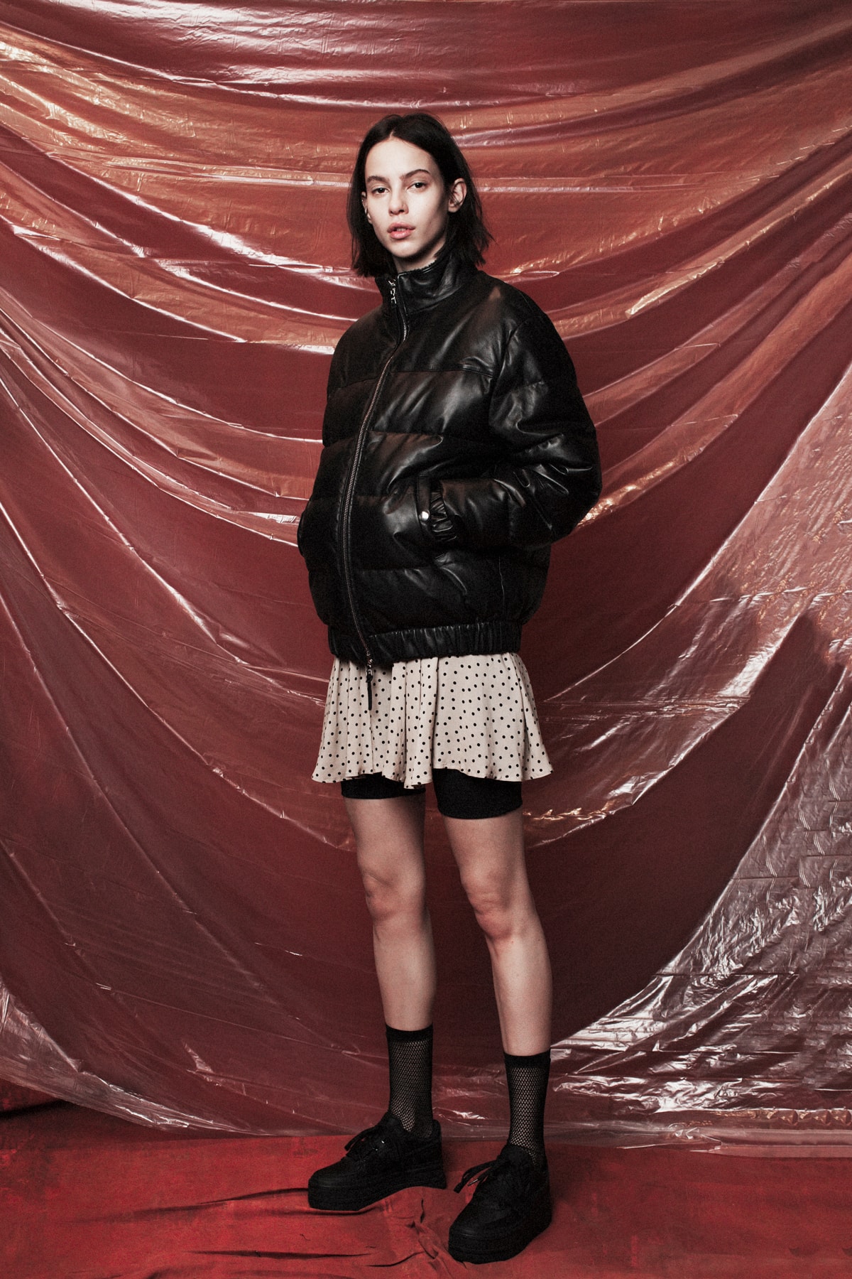 John Elliott Women's Fall/Winter 2018 Collection Lookbook Bomber Jacket Black Skirt Grey