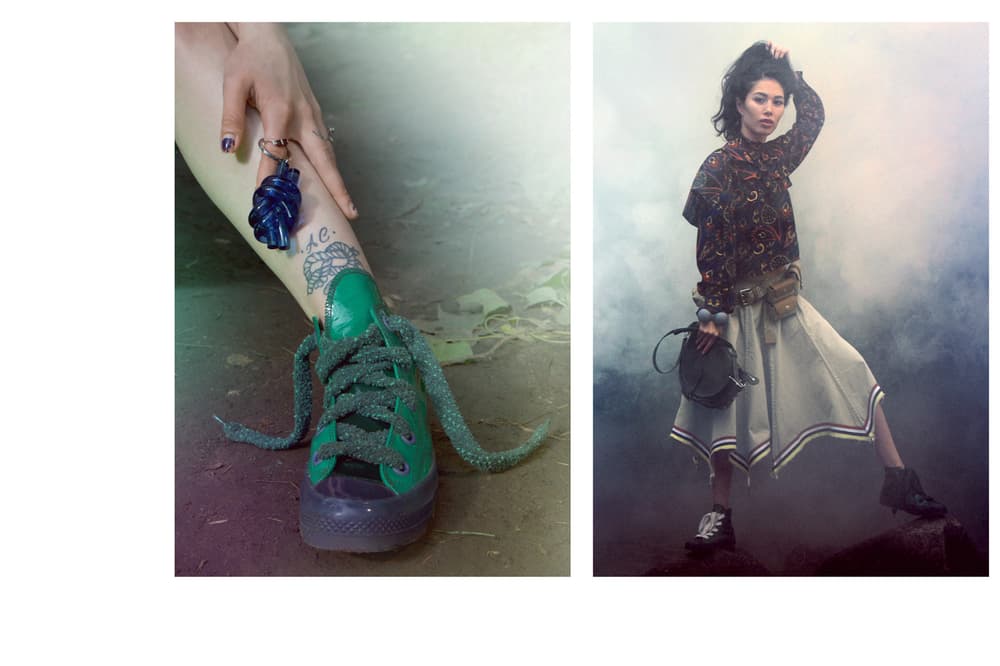 JW Anderson Fall/Winter 2018 Campaign Yelena Beletskaya Converse Green Shirt Brown Skirt Tan