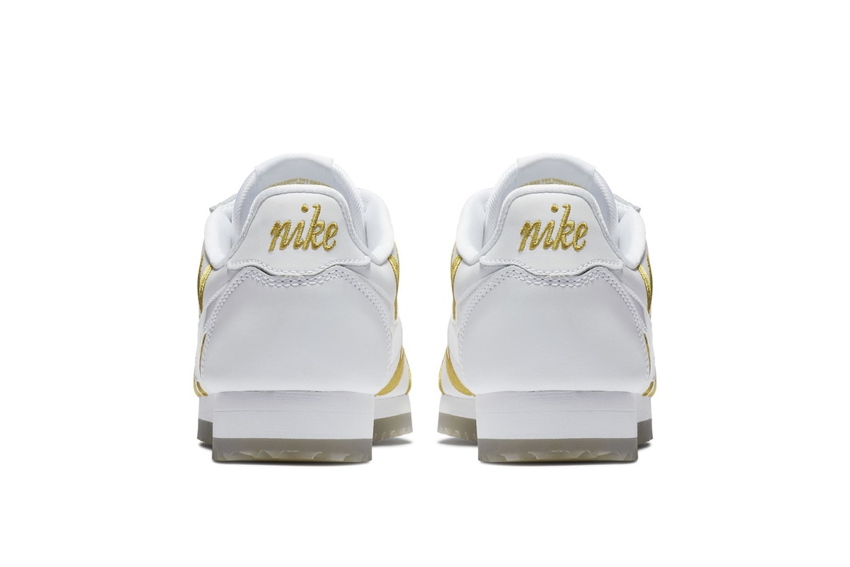 Nike Cortez White Sneaker Runner Gold Leaf Embroidery Print Pattern