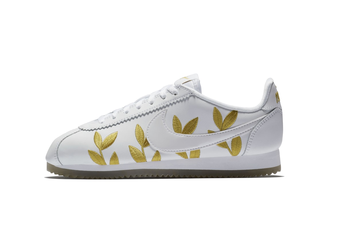 Nike Cortez White Sneaker Runner Gold Leaf Embroidery Print Pattern