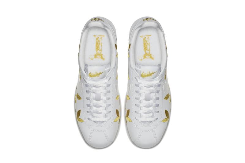 Nike Cortez White Sneaker Runner Gold Leaf Embroidery Print Pattern