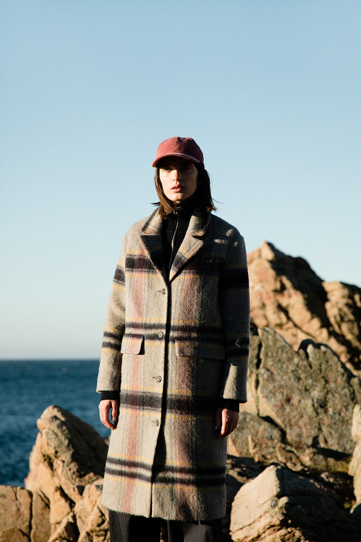 Norse Projects Fall/Winter 2018 Collection Lookbook Sara Checked Wool Coat Tan Corduroy Hat Maroon