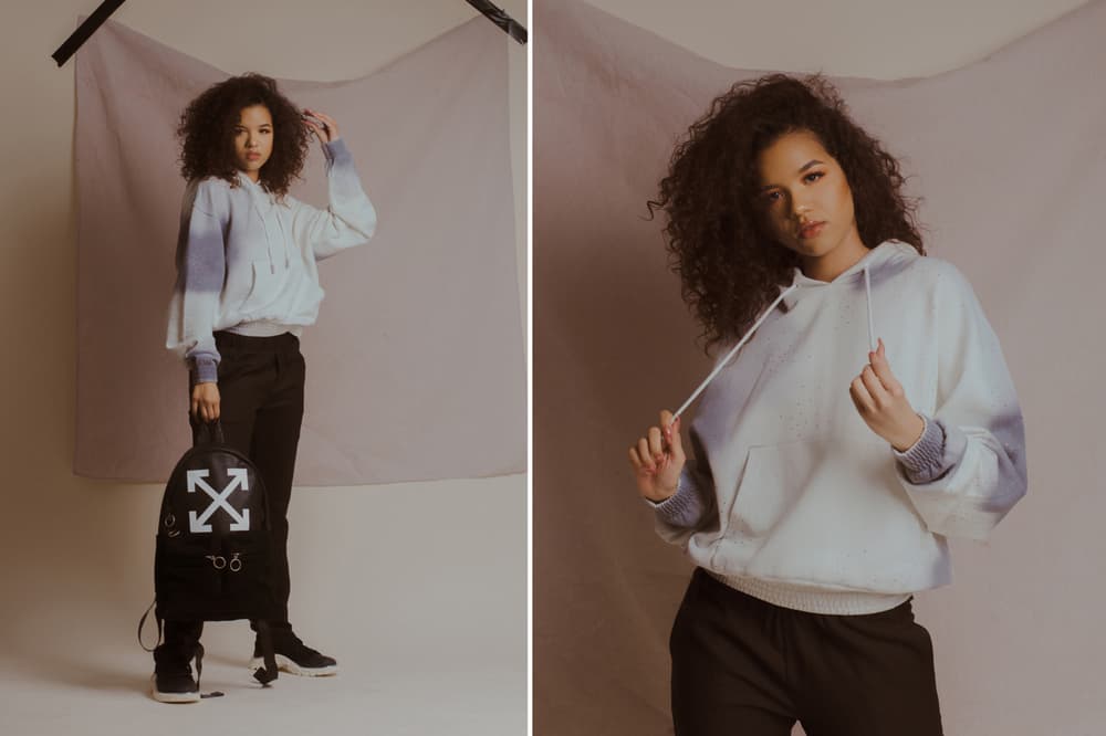 Off-White Fall/Winter 2018 Collection Editorial Spray Over Hoodie Light Grey Leather Backpack Black