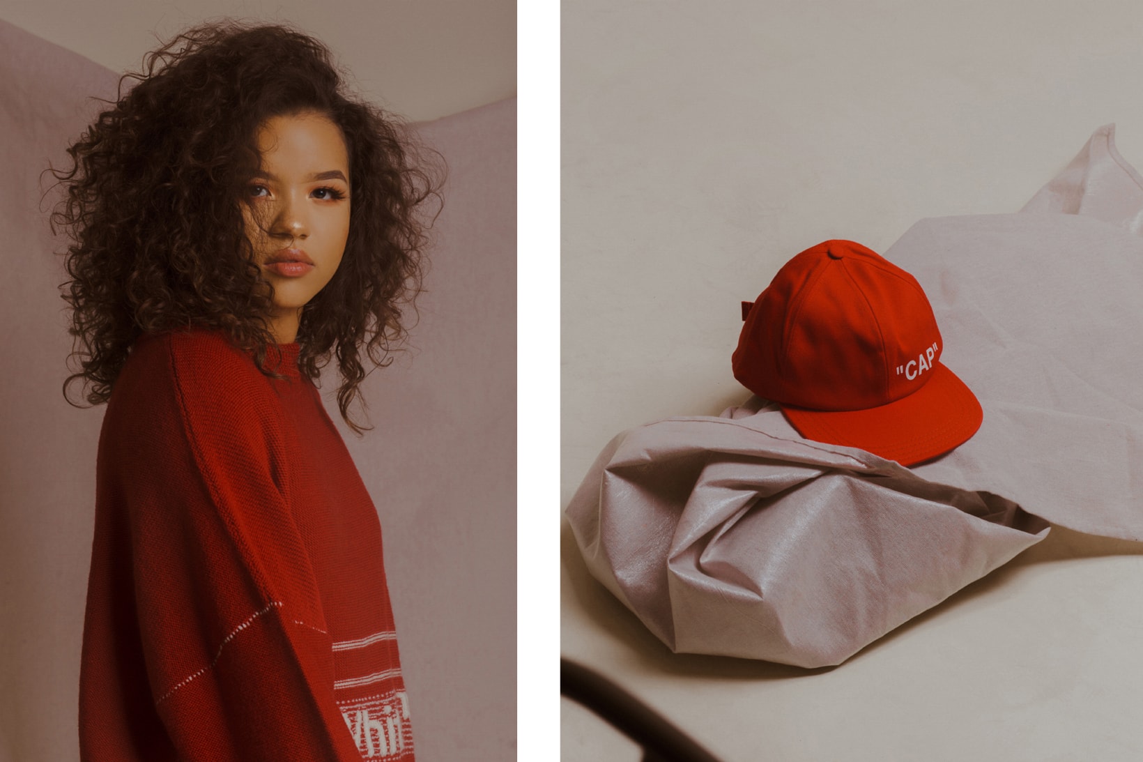 Off-White Fall/Winter 2018 Collection Editorial Sweater Quote Baseball Cap Red