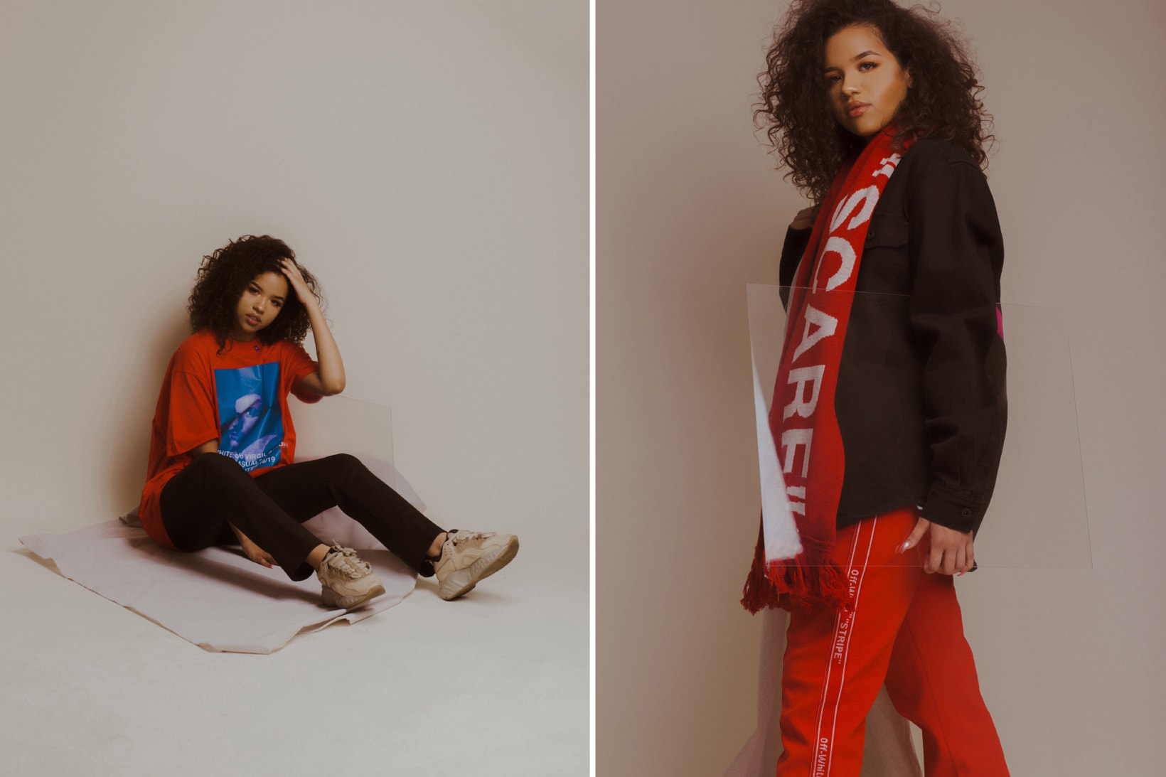 Off-White Fall/Winter 2018 Collection Editorial Bernini Short Sleeve Tee Quote Scarf Track Pants Red