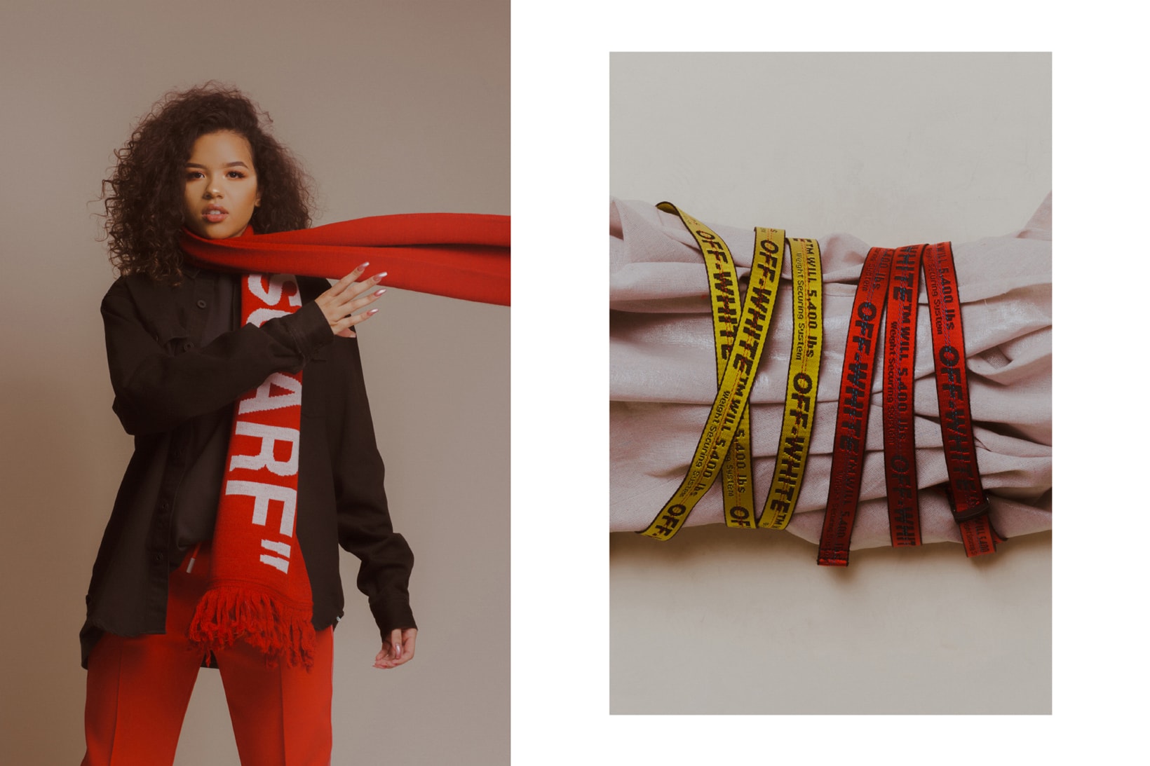 Off-White Fall/Winter 2018 Collection Editorial Quote Scarf Industrial Belt Red Yellow