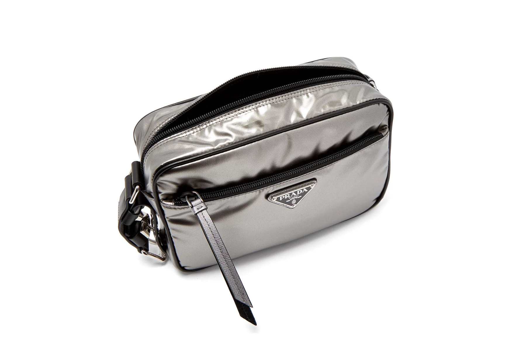 Prada's New Silver Nylon Cross-Body Bag Stud Strap Shiny Reflective
