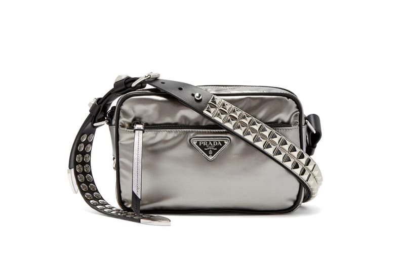 Prada's New Silver Nylon Cross-Body Bag Stud Strap Shiny Reflective