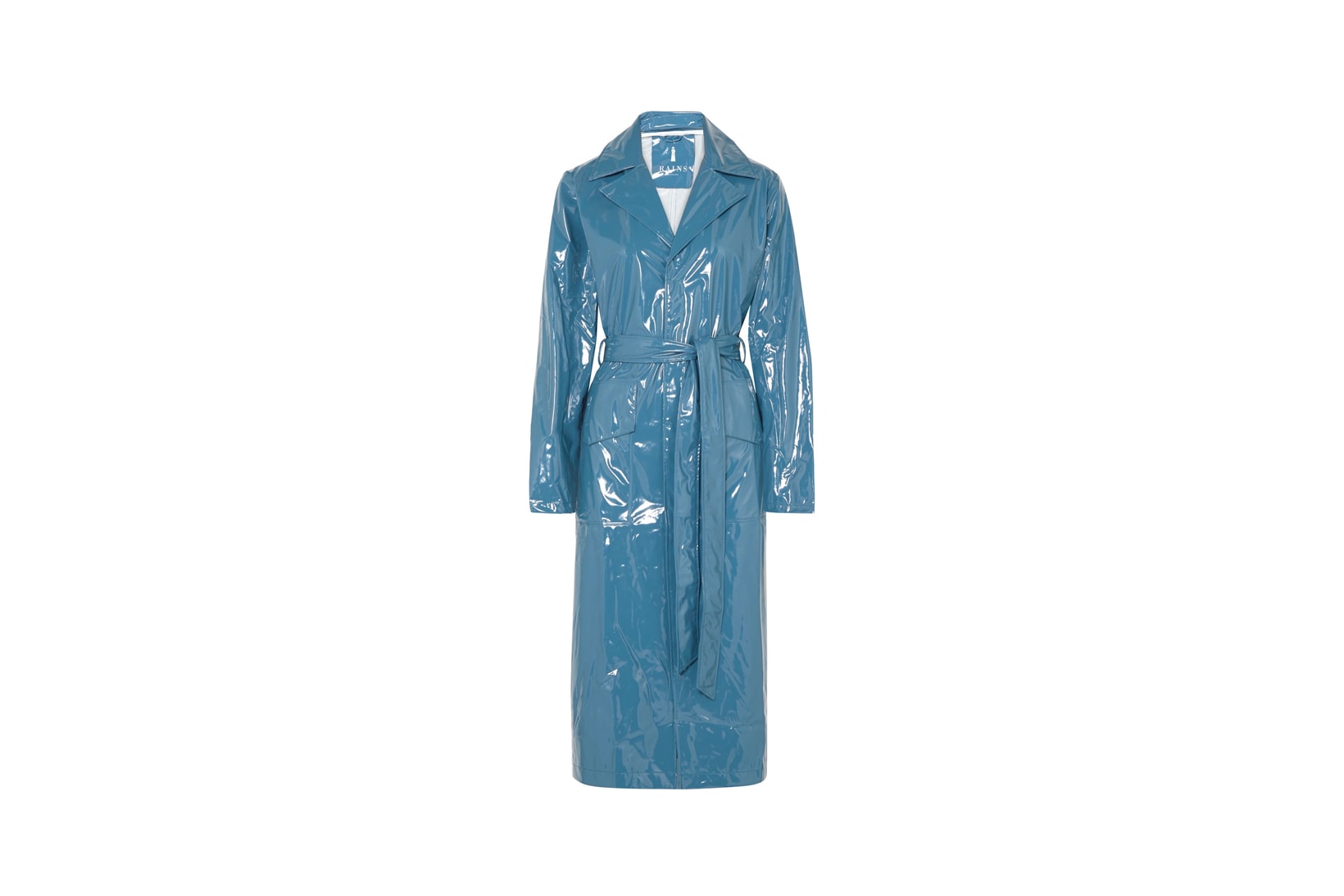 Rains x Net-a-Porter Capsule Collection Glossed-PU Trench Coat Faded Blue