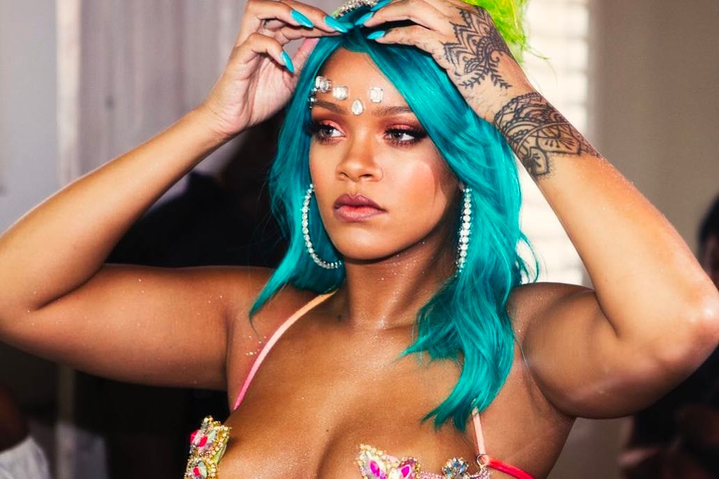 Rihanna Fenty Beauty Carnival Makeup Behind the Scenes Cosmetics Wig Blue Bra